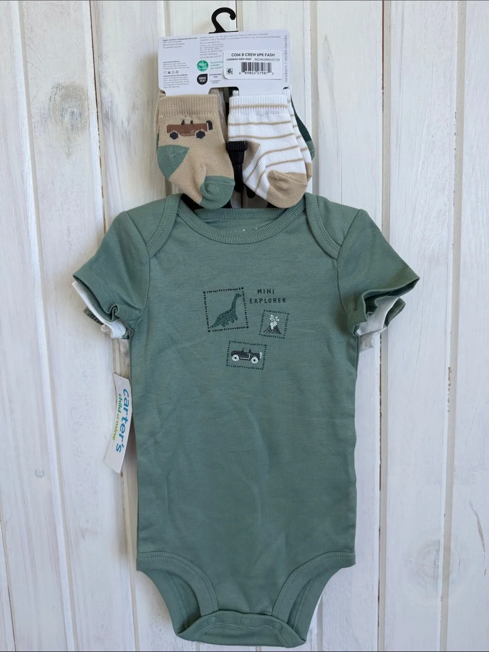 Carter's Heather Gray and Green Dinosaur Short Sleeve Onesie Set